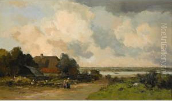 A Summer Landscape With Figures Near A Farm Oil Painting by Willem George Fred. Jansen