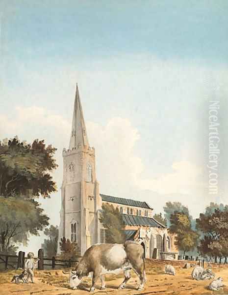 The Church of Sutton St. Nicholas, Lincolnshire Oil Painting by John Claude Nattes