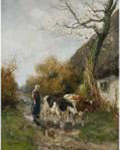 A Peasant Woman With Her Cattle Near A Farm Oil Painting by Willem George Fred. Jansen