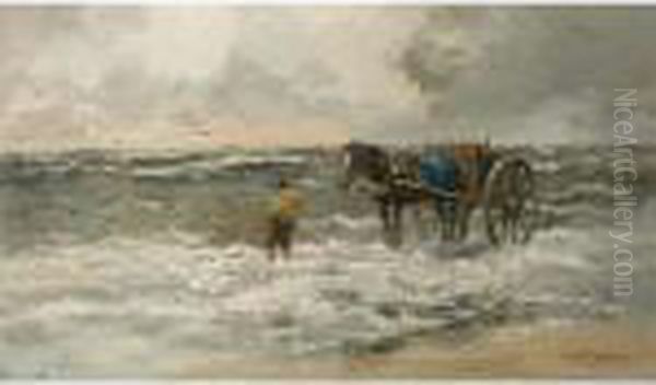 A Shell Fisher In The Breakers Oil Painting by Willem George Fred. Jansen