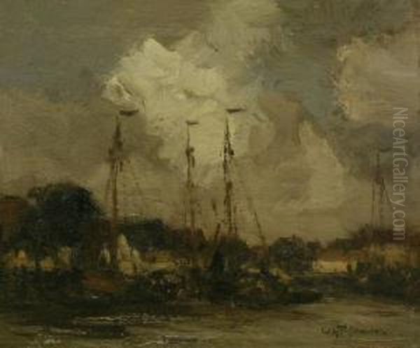 Dutch Harbor Scene Oil Painting by Willem George Fred. Jansen