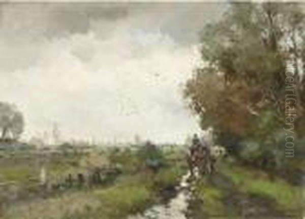 A Horse And Cart On A Country Road Oil Painting by Willem George Fred. Jansen