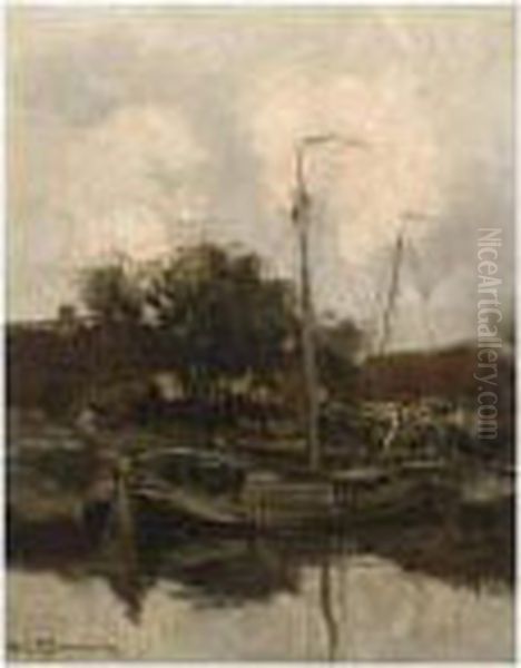 Moored Sailingvessels Oil Painting by Willem George Fred. Jansen