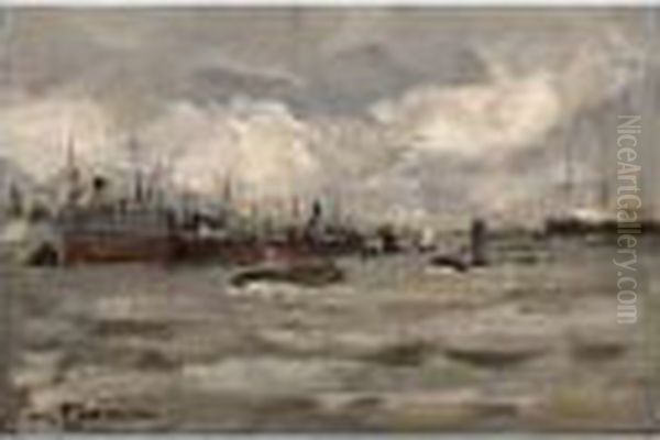 A Harbour View Oil Painting by Willem George Fred. Jansen