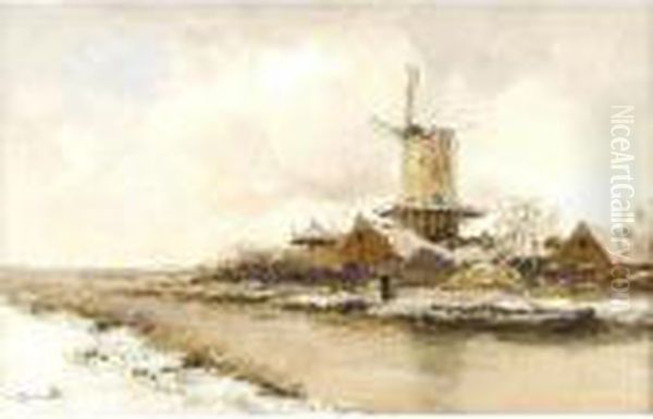 Old Dutch Windmill Oil Painting by Willem George Fred. Jansen