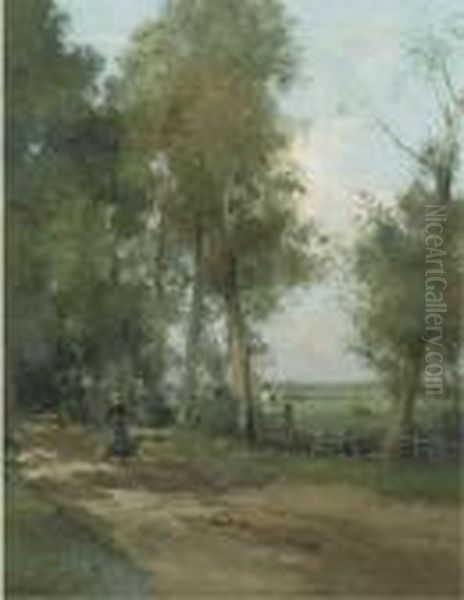 A Peasant Woman On A Wooded Path By A Meadow Oil Painting by Willem George Fred. Jansen