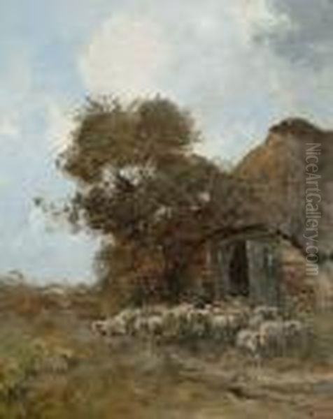 A Drover And Sheep Outside A Barn by Willem George Fred. Jansen