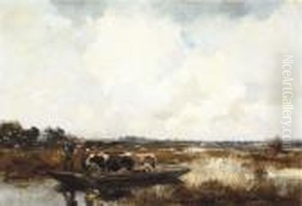 Cattle In A Polder Landscape Oil Painting by Willem George Fred. Jansen