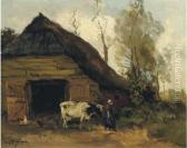 A Cowherdess By A Shed Oil Painting by Willem George Fred. Jansen