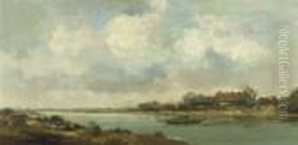 A Ferry Across A River, Arcen (?) Oil Painting by Willem George Fred. Jansen