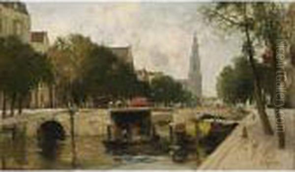 A View Of The Prinsengracht With The Westerkerk, Amsterdam Oil Painting by Willem George Fred. Jansen