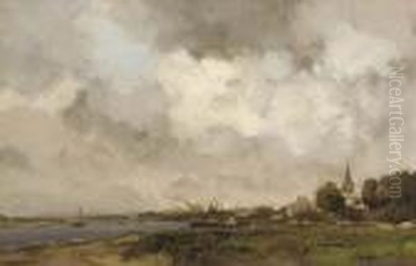 A View Of A Village Along A River by Willem George Fred. Jansen