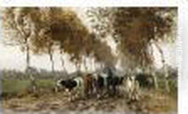 A Farmer And His Cattle On A Country Road Oil Painting by Willem George Fred. Jansen