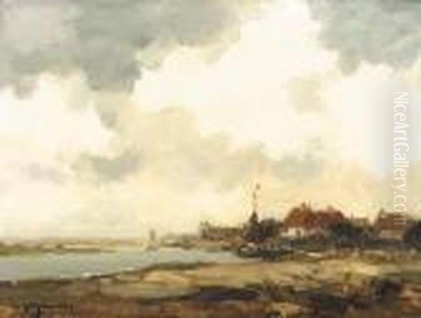 A View Of A Village By The River Oil Painting by Willem George Fred. Jansen