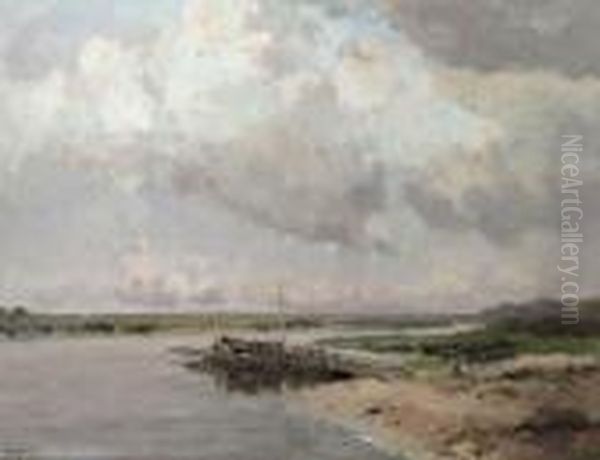 A Ferry In Wessem, Limburg Oil Painting by Willem George Fred. Jansen