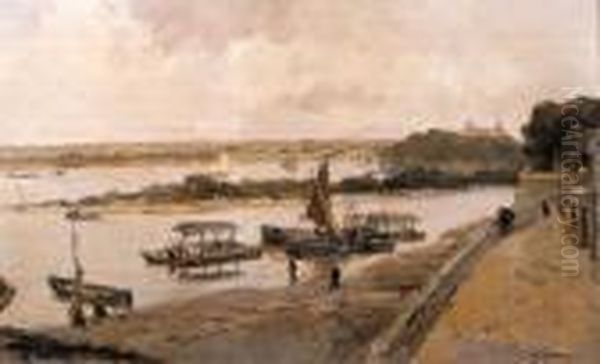 Shipping On The Waal Near Woudrichem, With Loevestein Castlebeyond Oil Painting by Willem George Fred. Jansen