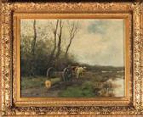 A Forester Hawling Timber In A Wooded Landscape Oil Painting by Willem George Fred. Jansen