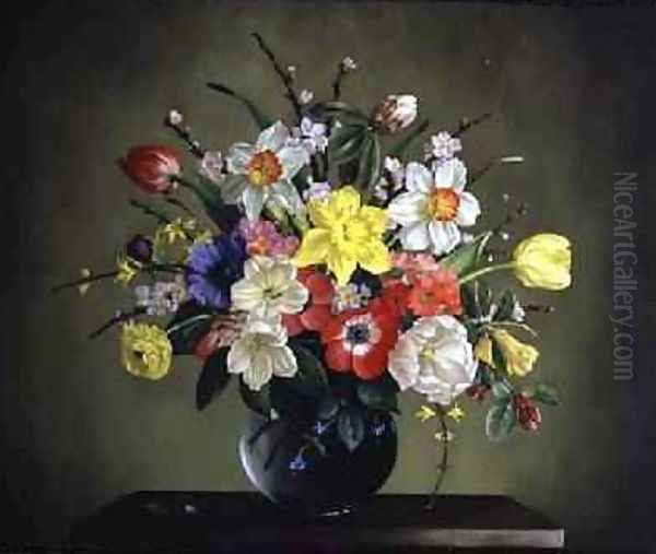 Narcissi Anemones Tulips Forsythia Rhododendron and Apple Blossom in a Glass Vase Oil Painting by John Sargeant Noble, R.B.A.