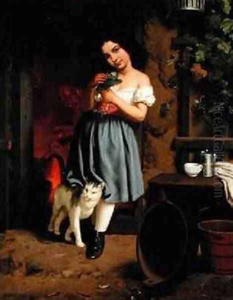 A Young Girl with a Cat 1866 Oil Painting by Karl Nahl