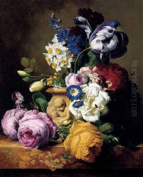 Roses,Tulips, Morning Glory, Delphinium And Primrose Peerless In A Terra Cotta Vase On A Marble Ledge Oil Painting by Charles-Joseph Node