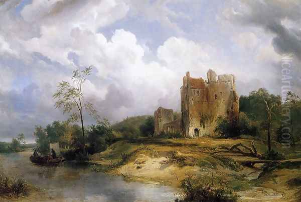 River Landscape with Ruins 1838 Oil Painting by Wijnandus Johannes Josephus Nuyen