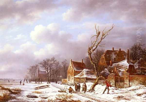 Gathering Wood In A Winter Landscape Oil Painting by Pierre Francois de Noter