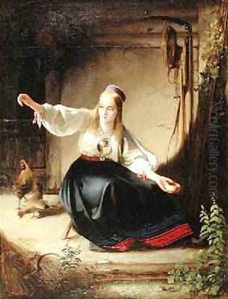 A Girl Feeding Hens 1839 Oil Painting by Timoleon Carl von Neff