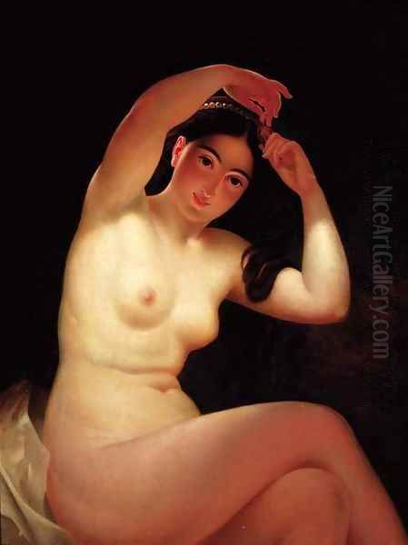 Naked Maiden combing her Hair Oil Painting by Timoleon Carl von Neff