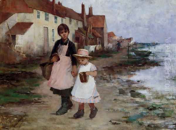 Deux Fillettes Au Bord De L'Eau Oil Painting by Anna Nordgren