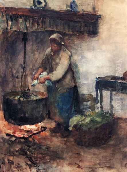 A Cottage Interior With A Peasant Woman Preparing Supper Oil Painting by Albert Neuhuys