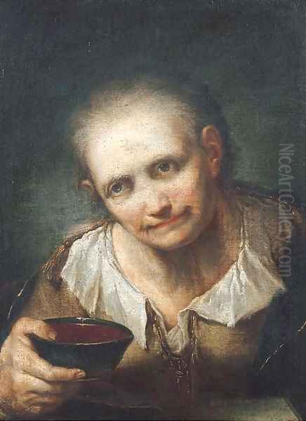 An old woman, holding a bowl Oil Painting by Giuseppe Nogari