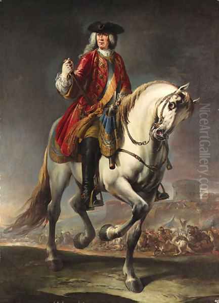 Equestrian portrait of Field Marshal Count Johann Matthias von der Schulenburg, full-length, in a red coat and a breastplate on a grey mare Oil Painting by Giuseppe Nogari