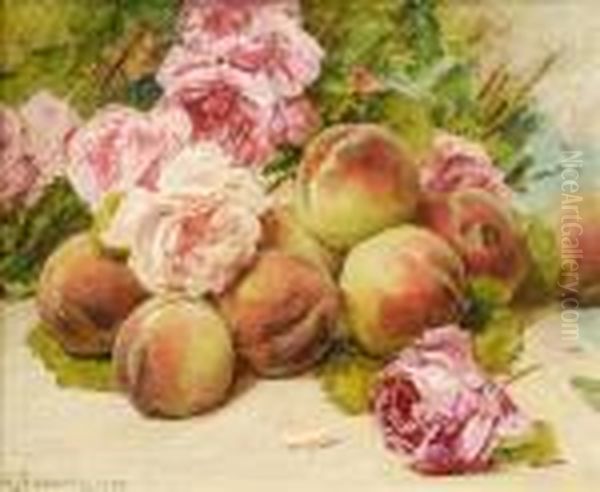 Still Life Ofpeaches And Roses Oil Painting by Georges Jeannin