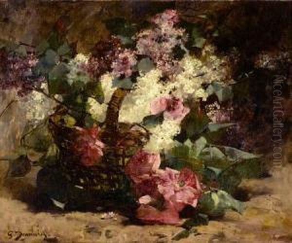 Bouquet Of Flowers In Basket Oil Painting by Georges Jeannin