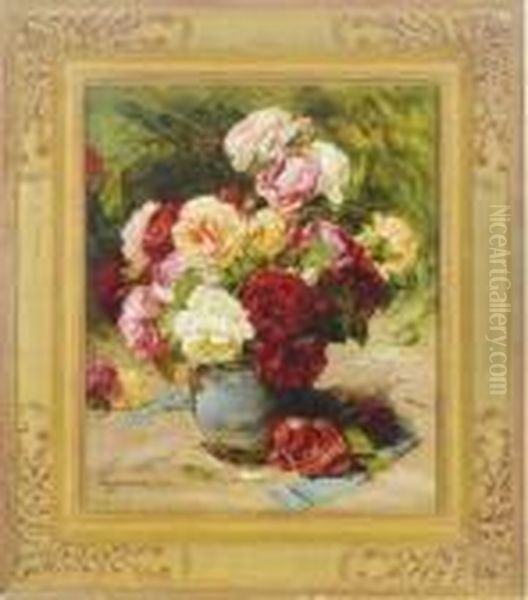 Still Life Of A Vase Of Roses Oil Painting by Georges Jeannin