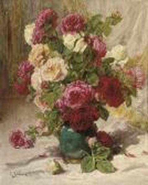 Red, Yellow And White Roses In A Green Vase Oil Painting by Georges Jeannin