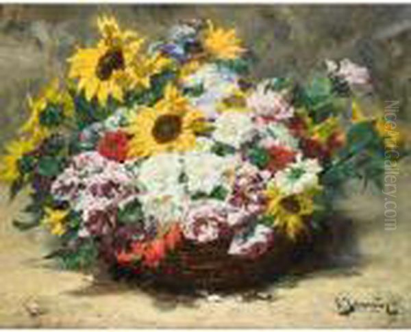 Panier De Roses Et Tournesols [ ;
 Basket Of Roses And Sunflowers ; Oil On Canvas Signed Lower Right] Oil Painting by Georges Jeannin