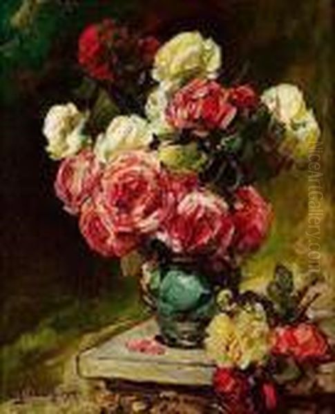 Vase De Roses Oil Painting by Georges Jeannin