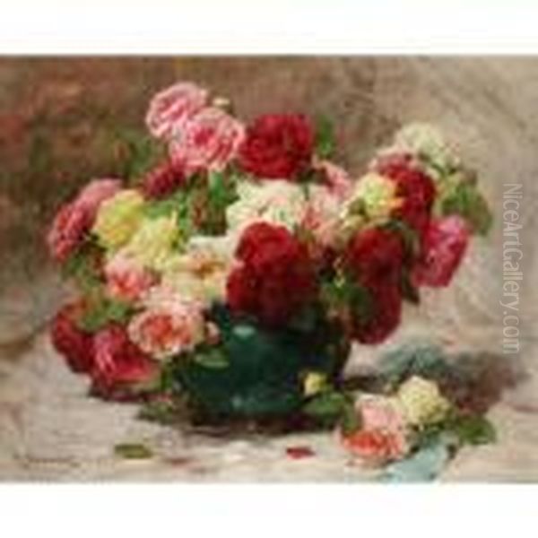 Still Life Of Roses In A Vase Oil Painting by Georges Jeannin