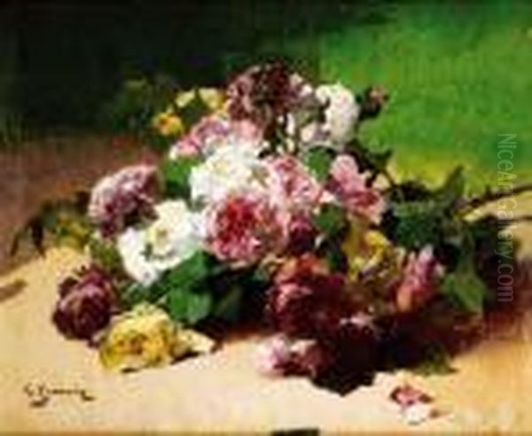 Le Bouquet De Roses, Circa 1890 Oil Painting by Georges Jeannin