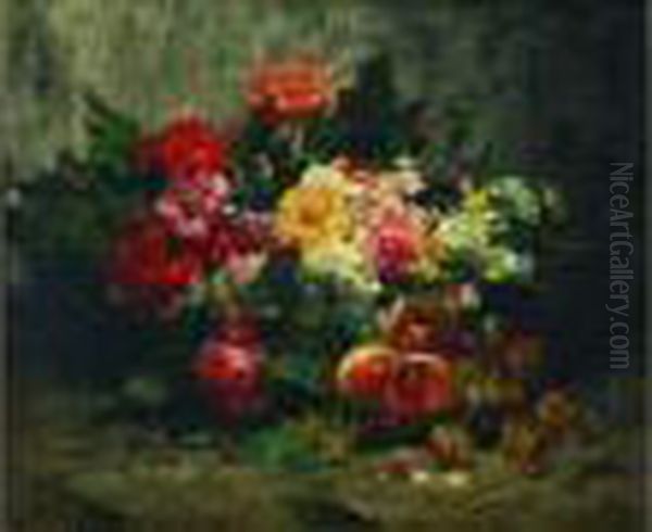  Fleurs Et Corbeille De Fruit  Oil Painting by Georges Jeannin