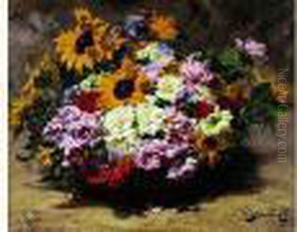 Nature Morte Au Panier De Fleurs Oil Painting by Georges Jeannin