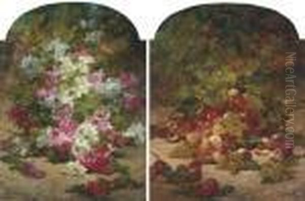 Peaches And Grapes Beneath A Peach Tree; And Summer Blooms Oil Painting by Georges Jeannin