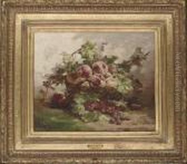 A Basket Of Peaches By Raspberries On A Mossy Bank Oil Painting by Georges Jeannin