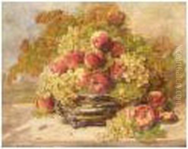 Still Life Of Peaches And Grapes Oil Painting by Georges Jeannin