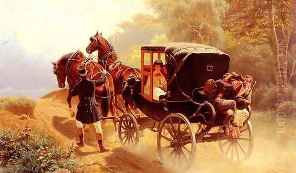 A Carriage Taking a Difficult Hill Oil Painting by Arthur Johann Severin Nikutowski