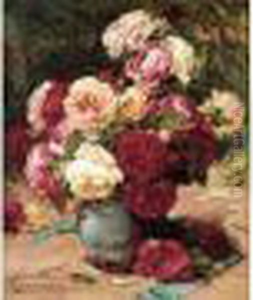 < Vase De Roses Anciennes >. Oil Painting by Georges Jeannin