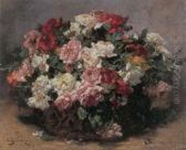 Basket Of Roses Oil Painting by Georges Jeannin