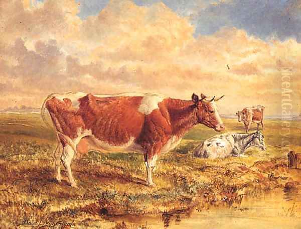 Cattle Resting In An Extensive River Landscape Oil Painting by Basil J. Nightingale