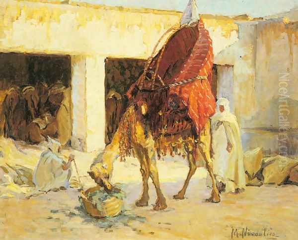 Arabs and Camels in a Courtyard Oil Painting by Marie Nivoulies